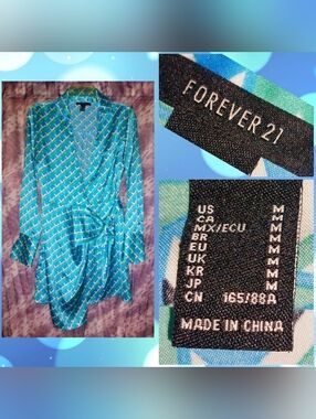 Forever 21 Turquoise/Lime/Multiclr Geometric Print Satin Polo Style Wrap Dress M